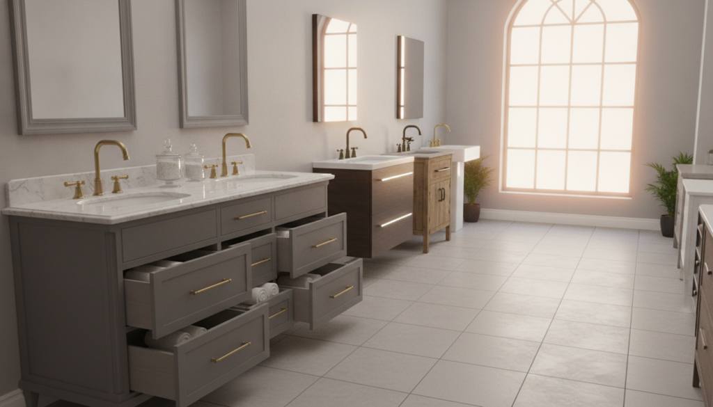 A beautifully arranged bathroom vanity selection display. In the foreground, a wide, elegant bathroom vanity with a marble countertop, gold fixtures, and stylish, organized drawers showcasing various bathroom accessories like towels and decorative jars. In the middle ground, a selection of different vanity styles—modern, rustic, and minimalist— neatly aligned against a bright, airy backdrop. The background features soft, natural lighting streaming in through a frosted window, casting a warm glow over the scene. The overall atmosphere is inviting and serene, suggesting harmony and elegance, perfect for homeowners considering their own bathroom renovation. A wide-angle perspective enhances the spacious feel, emphasizing the attractive aesthetics of each vanity choice.