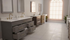 A beautifully arranged bathroom vanity selection display. In the foreground, a wide, elegant bathroom vanity with a marble countertop, gold fixtures, and stylish, organized drawers showcasing various bathroom accessories like towels and decorative jars. In the middle ground, a selection of different vanity styles—modern, rustic, and minimalist— neatly aligned against a bright, airy backdrop. The background features soft, natural lighting streaming in through a frosted window, casting a warm glow over the scene. The overall atmosphere is inviting and serene, suggesting harmony and elegance, perfect for homeowners considering their own bathroom renovation. A wide-angle perspective enhances the spacious feel, emphasizing the attractive aesthetics of each vanity choice.