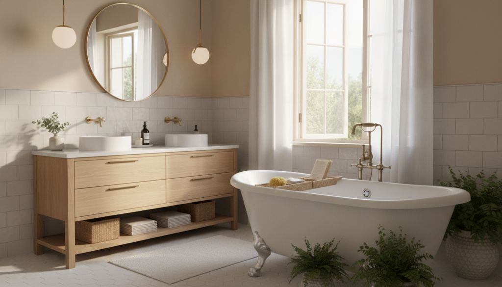 A beautifully designed bathroom showcasing easy remodeling ideas. In the foreground, a stylish freestanding bathtub with elegant accessories, surrounded by potted plants for a fresh touch. The middle features a modern double vanity with ample storage, accented by trendy light fixtures and a large mirror reflecting natural light. The background captures neutral-colored wall tiles, a fresh coat of paint, and an open window allowing soft, warm light to illuminate the space. The atmosphere is inviting and serene, with a hint of sophistication. The perspective is slightly angled to emphasize depth, as if inviting the viewer into the newly remodeled space. Ideal lighting enhances the tranquil mood, evoking a sense of relaxation.