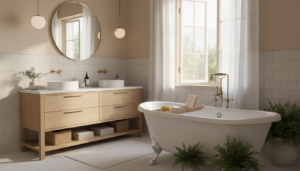 A beautifully designed bathroom showcasing easy remodeling ideas. In the foreground, a stylish freestanding bathtub with elegant accessories, surrounded by potted plants for a fresh touch. The middle features a modern double vanity with ample storage, accented by trendy light fixtures and a large mirror reflecting natural light. The background captures neutral-colored wall tiles, a fresh coat of paint, and an open window allowing soft, warm light to illuminate the space. The atmosphere is inviting and serene, with a hint of sophistication. The perspective is slightly angled to emphasize depth, as if inviting the viewer into the newly remodeled space. Ideal lighting enhances the tranquil mood, evoking a sense of relaxation.