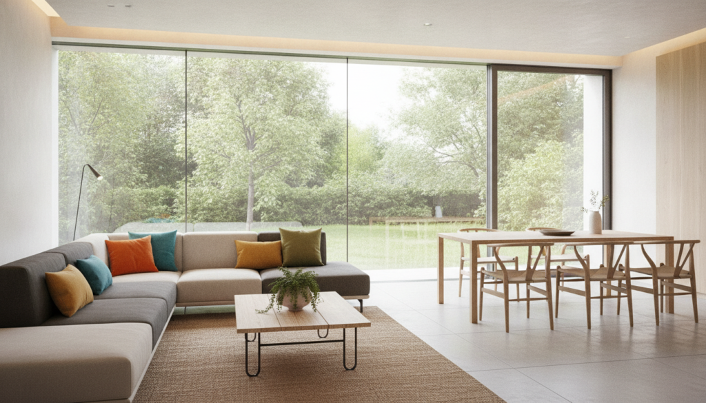 A beautifully designed modern living room showcasing the latest furniture trends for contemporary homes. In the foreground, display a sleek, stylish sectional sofa in muted earth tones, accented by vibrant throw pillows. A chic coffee table made of sustainable materials sits at the center, adorned with a small potted plant. In the middle, a minimalist dining area includes a light wooden table surrounded by elegantly designed chairs, inspired by Scandinavian aesthetics. The backdrop features large windows allowing natural light to flood the space, highlighting a serene outdoor view with green foliage. Soft, warm lighting enhances the inviting atmosphere, while the entire scene is captured from a slightly elevated angle, conveying a spacious and airy feeling.