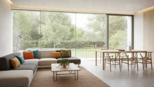 A beautifully designed modern living room showcasing the latest furniture trends for contemporary homes. In the foreground, display a sleek, stylish sectional sofa in muted earth tones, accented by vibrant throw pillows. A chic coffee table made of sustainable materials sits at the center, adorned with a small potted plant. In the middle, a minimalist dining area includes a light wooden table surrounded by elegantly designed chairs, inspired by Scandinavian aesthetics. The backdrop features large windows allowing natural light to flood the space, highlighting a serene outdoor view with green foliage. Soft, warm lighting enhances the inviting atmosphere, while the entire scene is captured from a slightly elevated angle, conveying a spacious and airy feeling.