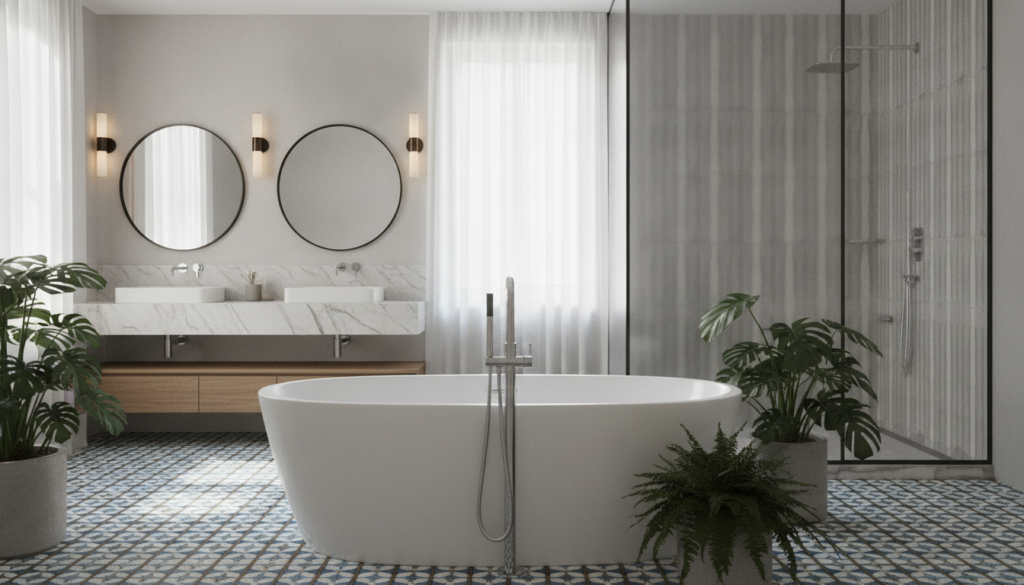 A beautifully remodeled bathroom showcasing top modern design ideas. In the foreground, a sleek freestanding bathtub with elegant chrome fixtures rests on a captivating mosaic tiled floor, surrounded by lush greenery in stylish planters. The middle ground features a double vanity with marble countertops and contemporary under-mount sinks, illuminated by soft, ambient lighting from chic wall sconces. The background reveals a spacious walk-in shower with frosted glass, showcasing stunning tile work. The mood is serene and sophisticated, bathed in warm natural light streaming through a window adorned with sheer curtains. The overall atmosphere evokes relaxation and modern luxury, with a clear focus on innovative design elements that elevate the space.