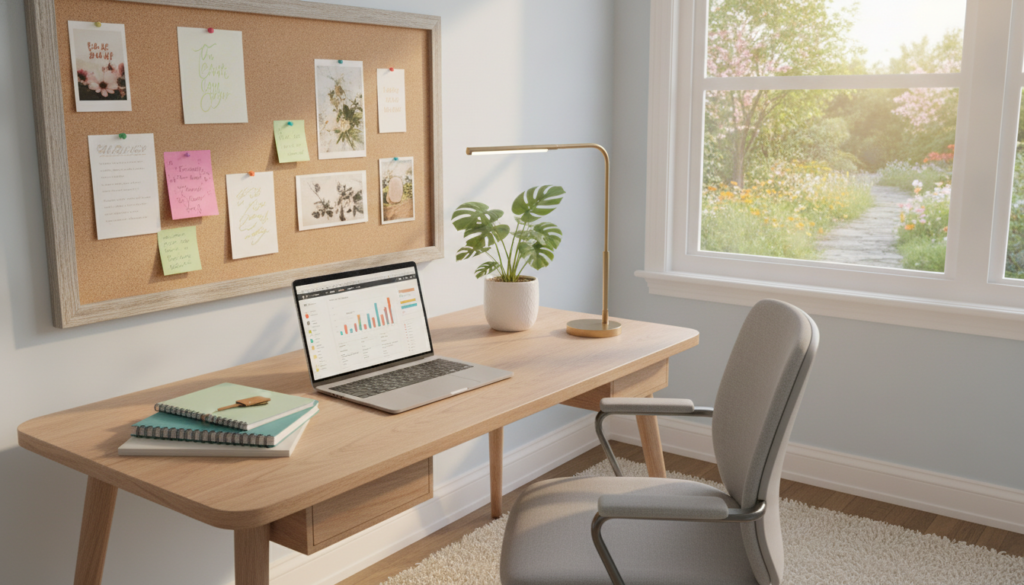 A bright and inviting home office designed for maximum productivity, featuring a sleek wooden desk with a modern ergonomic chair at its forefront. On the desk, there's a laptop open with productivity software visible, a neat stack of organized notebooks, and a stylish desk lamp casting warm light. In the middle, an indoor plant adds a touch of nature, while a bulletin board with colorful notes and inspirations can be seen. The background includes a well-lit window showcasing a sunny garden view, enhancing the overall atmosphere of focus and creativity. Natural light floods the room, creating an uplifting and motivating mood. The composition is captured from a slightly elevated angle to emphasize the workspace's organization and functionality.