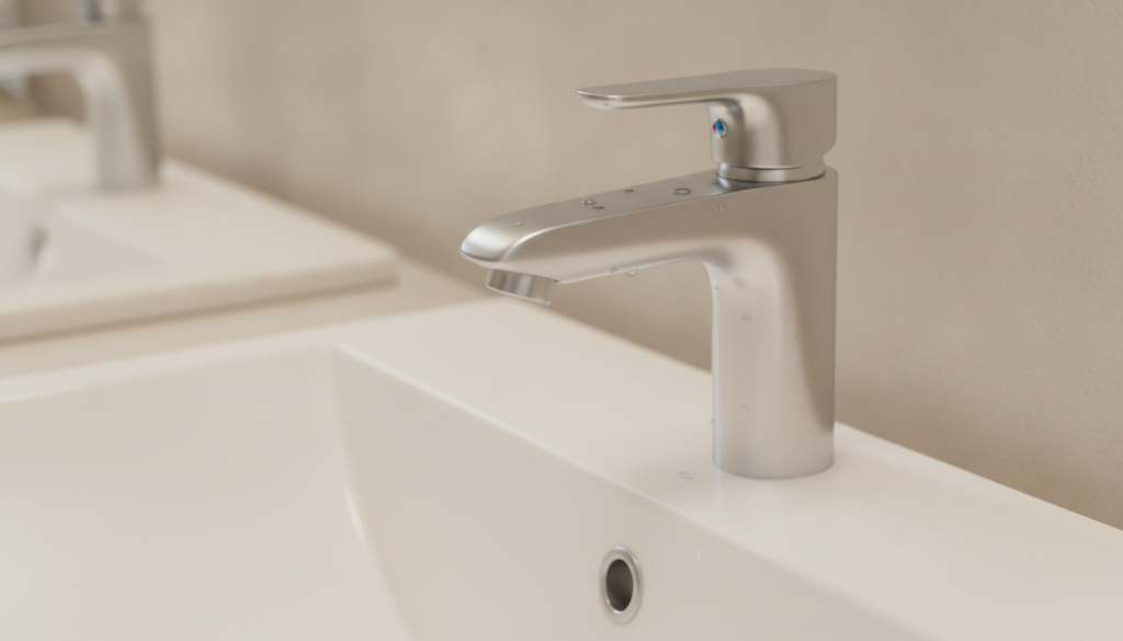 A close-up view of an elegant, modern bathroom faucet designed to resist stains from hard water. The faucet features a sleek, brushed nickel finish, showcasing its shiny, clean lines and minimalist design. In the background, a stylish bathroom sink made of smooth white porcelain reflects soft, natural light, highlighting the faucet's details. Water droplets glisten on the faucet, emphasizing its functionality against hard water stains. Warm, ambient lighting creates a cozy atmosphere, enhancing the luxurious feel of the setting. The angle captures the faucet from a slightly elevated perspective, allowing a clear view of both the spout and the sink, inviting viewers to appreciate the perfect blend of style and practicality in a bathroom setting.