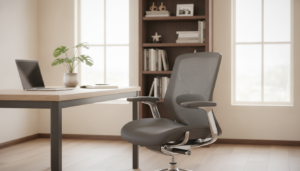 A modern ergonomic office chair prominently featured in a bright, stylish home office setting. The chair is designed with a sleek silhouette, adjustable features, and lumbar support, emphasizing comfort and productivity. In the foreground, a wooden desk with a laptop, notepad, and a plant adds a functional touch. The middle of the image showcases the chair against a backdrop of large windows with natural light pouring in, illuminating the space. The walls are painted in soft, neutral tones, creating a calming atmosphere. In the background, a bookshelf filled with books and decorative items complements the workspace. The mood is inviting and professional, captured in a warm, soft focus, simulating a cozy yet efficient home office environment.