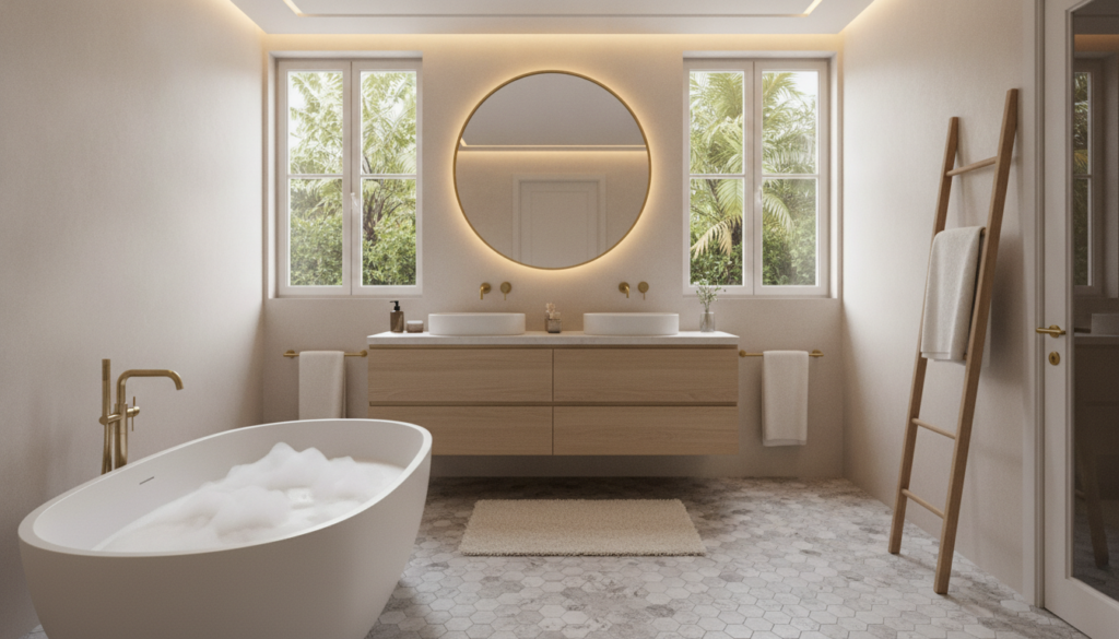 A modern, stylish bathroom showcasing an elegant remodel. In the foreground, a sleek, freestanding bathtub filled with bubbles sits on a textured hexagonal tile floor. The middle features a contemporary double sink with polished chrome fixtures, framed by a large, round mirror reflecting warm, ambient lighting. The background reveals large windows allowing natural light to flood the space, with greenery outside for a fresh touch. Soft neutral tones dominate the color palette, complemented by stylish gold accents. Cozy towels are neatly arranged on a ladder shelf, and a plush rug adds warmth. The atmosphere is serene and inviting, perfect for a functional yet luxurious retreat.