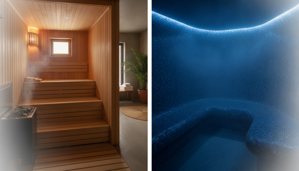 A serene comparison image showcasing a sauna and steam room side by side. In the foreground, a wooden sauna with warm, natural wood tones, featuring benches and a small window allowing soft, ambient light to filter through. The sauna's steam gently swirls in the air. In contrast, the steam room in the middle displays smooth, tiled walls and illuminated from above with soft, cool blue lights, creating a misty atmosphere. The background captures a relaxing setting with plants and towels, enhancing the spa-like feel. Capture this scene from a slightly elevated angle, emphasizing the tranquility and inviting nature of both spaces. Soft focus on the edges to convey a dreamy ambiance, evoking a sense of calm and well-being.