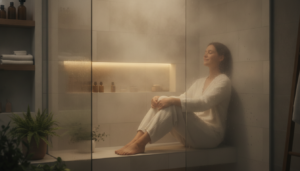 A serene steam shower scene illustrating the benefits of steam therapy. In the foreground, a modern steam shower with gentle, enveloping steam rising, creating a calming atmosphere. On one side, a figure in modest casual clothing enjoys the moment, eyes closed, conveying relaxation. The middle ground features soft light reflecting off the smooth, tiled walls, enhancing the tranquil ambiance. The background includes a tranquil spa-like setting with green plants and soft towels, emphasizing wellness. The overall lighting is warm and soothing, evoking feelings of comfort and rejuvenation. Capture this scene from a slightly angled perspective to emphasize depth, while maintaining a sense of peace and serenity.
