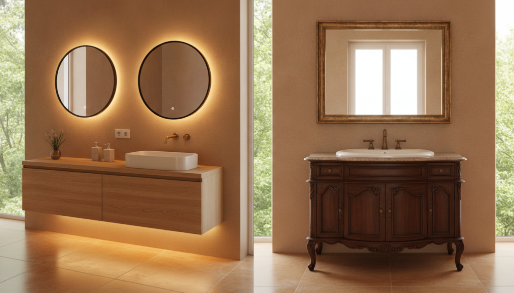 A stylish bathroom interior showcasing a side-by-side comparison of a floating vanity and a traditional vanity. In the foreground, the floating vanity features sleek, minimalist lines with a modern sink and geometric mirrors, illuminated by soft, warm lighting that creates a cozy atmosphere. The middle section highlights the traditional vanity, characterized by ornate woodwork, a classic porcelain sink, and vintage fixtures, set against a light-filled backdrop. The background includes subtle hints of lush greenery outside a window, adding a touch of nature. The setting is contemporary and inviting, with warm tones that enhance the elegance of both designs. Capture this comparison from a slightly elevated angle, emphasizing the contrasts between modernity and tradition. Ensure the scene remains serene and aesthetically pleasing, with no text or distractions.