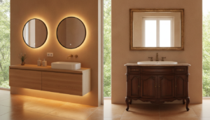 A stylish bathroom interior showcasing a side-by-side comparison of a floating vanity and a traditional vanity. In the foreground, the floating vanity features sleek, minimalist lines with a modern sink and geometric mirrors, illuminated by soft, warm lighting that creates a cozy atmosphere. The middle section highlights the traditional vanity, characterized by ornate woodwork, a classic porcelain sink, and vintage fixtures, set against a light-filled backdrop. The background includes subtle hints of lush greenery outside a window, adding a touch of nature. The setting is contemporary and inviting, with warm tones that enhance the elegance of both designs. Capture this comparison from a slightly elevated angle, emphasizing the contrasts between modernity and tradition. Ensure the scene remains serene and aesthetically pleasing, with no text or distractions.