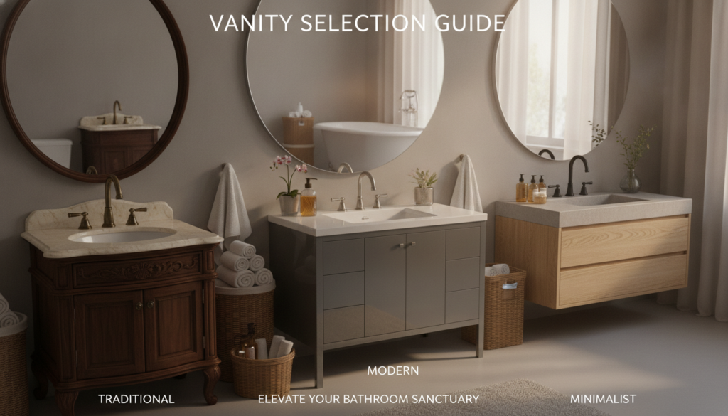 A stylish bathroom vanity selection guide illustration featuring a beautifully arranged bathroom scene. In the foreground, showcase a variety of luxurious bathroom vanities in diverse styles—traditional, modern, and minimalist—with different finishes like wood, marble, and glossy white. In the middle, include elegant bathroom accessories such as neatly placed towels, coordinated soap dispensers, and tasteful decor items. In the background, depict a softly lit bathroom with a neutral color palette and a large mirror reflecting the vanities. Use warm, ambient lighting to create a welcoming atmosphere while employing a shallow depth of field to draw focus to the vanities. Capture the scene from a slightly elevated angle to provide an inviting, comprehensive view of the bathroom setup, reflecting a sense of sophistication and tranquility.
