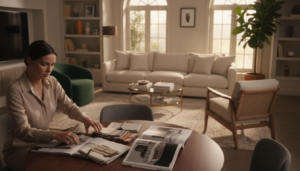 A stylish living room scene showcasing the process of selecting furniture. In the foreground, a well-dressed interior designer is seated at a modern, sleek table covered with fabric swatches and furniture catalogs, deep in thought. The middle ground features various furniture options, including a plush sofa, accent chairs, and a coffee table arranged thoughtfully to illustrate choices. The background displays a beautifully designed living room with warm lighting, large windows allowing natural sunlight to filter in, and tasteful decor. Soft shadows create a cozy atmosphere, with a subtle hint of plants for added warmth. The scene conveys a sense of creativity and decision-making amidst a vibrant yet harmonious environment.
