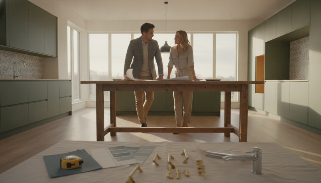 A stylish, modern kitchen remodel scene in a well-lit, open space. In the foreground, there are various tools and materials for home improvement, including paint samples, a measuring tape, and stylish kitchen fixtures. In the middle ground, two professionals, a man and a woman, are discussing design ideas over a blueprint on a wooden table, both dressed in smart casual attire. The background features a partially renovated kitchen, showcasing updated cabinetry, a trendy backsplash, and abundant natural light streaming through large windows. The atmosphere is energetic and optimistic, capturing the essence of home improvement and value addition, with warm colors and a soft, inviting ambiance.