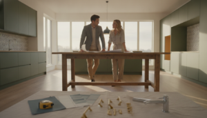 A stylish, modern kitchen remodel scene in a well-lit, open space. In the foreground, there are various tools and materials for home improvement, including paint samples, a measuring tape, and stylish kitchen fixtures. In the middle ground, two professionals, a man and a woman, are discussing design ideas over a blueprint on a wooden table, both dressed in smart casual attire. The background features a partially renovated kitchen, showcasing updated cabinetry, a trendy backsplash, and abundant natural light streaming through large windows. The atmosphere is energetic and optimistic, capturing the essence of home improvement and value addition, with warm colors and a soft, inviting ambiance.