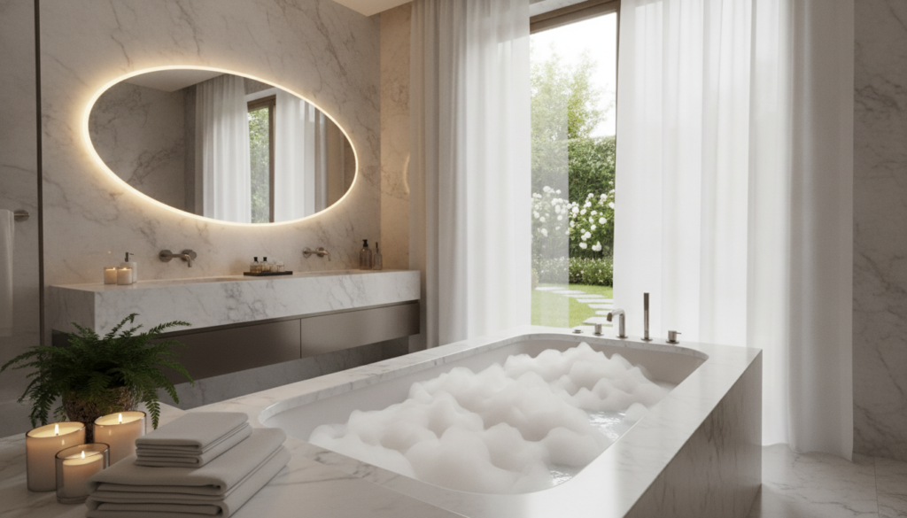 Luxurious home spa bathroom design featuring elegant marble countertops and a spacious soaking tub filled with bubbles. In the foreground, display soft cotton towels neatly arranged, alongside aromatic candles and vibrant potted plants for a touch of nature. In the middle ground, showcase a modern vanity with a chic, backlit mirror reflecting warm golden light. The background should include a large window revealing a tranquil garden view. Emphasize a serene atmosphere with gentle sunlight filtering through sheer curtains, casting soft shadows. Capture the image with a wide-angle lens from a low angle to enhance the feeling of openness, making the space inviting and comfortable. No people in the image, ensuring a focus on the luxurious elements.