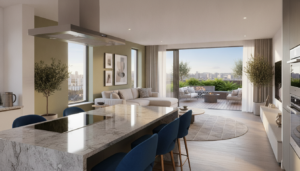 A beautifully remodeled living room showcasing key home upgrades that add value. In the foreground, there's a sleek kitchen island with polished granite countertops, modern stainless steel appliances, and stylish bar stools. The middle ground features an inviting lounge area with a comfortable sectional sofa, large windows allowing natural light to flood in, and a tasteful accent wall with artwork. In the background, a well-designed outdoor space with a deck, lush greenery, and a fire pit creates a seamless indoor-outdoor flow. The scene is bathed in warm, soft lighting, enhancing the cozy and upscale atmosphere. The image captures a sense of middle-class luxury, reflecting thoughtful design choices that appeal to potential homebuyers. The angle is slightly elevated, offering a comprehensive view of the space while focusing on the intricate details and aesthetics.