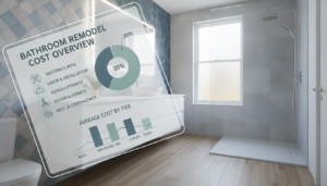 A detailed and informative bathroom remodel cost overview illustrated as a visually appealing infographic. In the foreground, display a neatly laid-out budget breakdown with various categories such as materials, labor, and design services, represented by elegant icons. In the middle, show a beautifully remodeled bathroom featuring modern fixtures, stylish tiles, and efficient lighting, giving a glimpse of the final goal of a remodel. In the background, soft, natural light filters in through a frosted window, enhancing an atmosphere of tranquility and professionalism. Use a slight diagonal perspective to create depth, ensuring the focus remains on the cost overview while the bathroom remains a stunning backdrop. The overall mood should be informative yet inviting.