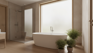 A luxurious freestanding bathtub in an elegantly designed bathroom. The tub is a modern, sleek white finish, situated on polished wooden flooring. Surrounding it are delicate potted plants that add a touch of greenery. A large frosted window allows soft natural light to flood the space, illuminating the warm neutral tones of the walls and finishes. In the background, a stylish shower area with glass doors can be seen. The scene conveys a serene and inviting atmosphere, perfect for relaxation. Use a wide-angle lens perspective to capture the space, with soft, diffused lighting to enhance the calming mood. Focus on the bathtub as the main subject, ensuring it steals the viewer's attention. No text or additional distractions should be present.