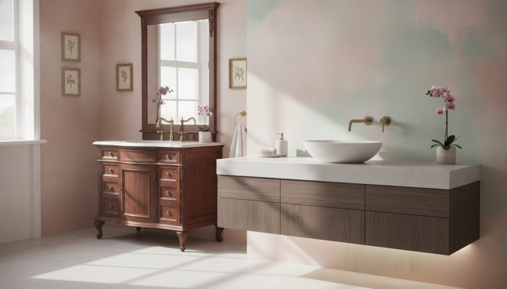 A modern bathroom setting showcasing a striking contrast between a floating vanity and a traditional vanity. In the foreground, the sleek floating vanity features clean lines, minimalistic design with a stylish vessel sink, and elegant wall-mounted fixtures. The middle ground displays a classic wooden traditional vanity with intricate detailing, framed mirror, and matching sink. The background consists of soft-focus pastel wall colors and subtle decorative elements to enhance the atmosphere of a contemporary yet cozy space. Bright, natural daylight filters in through a window, casting a warm glow throughout the room. The angle captures the harmonious coexistence of both designs, inviting the viewer to consider the aesthetics and functionality of each style. The overall mood is inviting, serene, and thoughtfully designed, emphasizing the choice between modern and traditional styles.