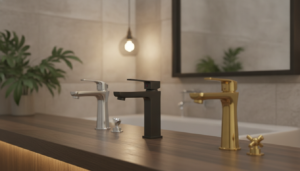 A stylish bathroom setting showcasing a selection of modern faucets on a sleek wooden countertop. In the foreground, three different faucet designs are displayed: a classic chrome faucet with elegant curves, a contemporary matte black model, and a polished gold option, each with their unique characteristics. The middle layer includes soft lighting that highlights the faucets, creating a warm and inviting atmosphere. The background features a blurred view of a well-decorated bathroom with neutral tiled walls and greenery, enhancing the focus on the faucets. The scene is captured from a slightly elevated angle, simulating the perspective of a homeowner choosing the perfect faucet. The overall mood is sophisticated yet cozy, perfect for inspiring confidence in selecting the right bathroom faucet.