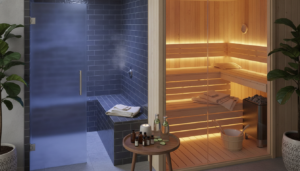 A visually striking comparison of a sauna and a steam room designed for home use. In the foreground, a traditional wooden sauna with warm, inviting tones, showcasing benches lined with soft towels and gently glowing light fixtures. In contrast, a modern steam room on the left, featuring sleek tile surfaces and a soft, diffused light giving an ethereal feel. In the middle ground, a small table with aromatherapy essentials and water bottles, symbolizing wellness. The background includes decorative plants, enhancing tranquility. Use soft, ambient lighting to create a serene atmosphere that invites relaxation, captured from a slightly elevated angle for depth. The overall mood should reflect comfort, balance, and a sense of choosing between two rejuvenating home experiences.