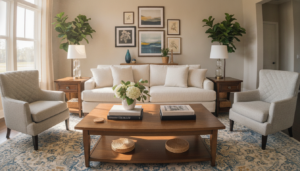 A well-designed living room showcasing optimal furniture arrangement tips. In the foreground, a stylish coffee table with decorative books and a vase of flowers. The middle ground features a plush sofa facing an elegant, neutral-toned armchair, framed by a set of visually appealing side tables. The background illustrates a tasteful rug underfoot, with framed artwork on the walls and decorative plants in corners to enhance the liveliness. Natural light pours in through a large window, creating a warm and inviting atmosphere. Use a wide-angle lens effect for depth, capturing the essence of a cozy yet functional space. The overall mood is serene and inviting, perfect for illustrating smart furniture choices in a living room.