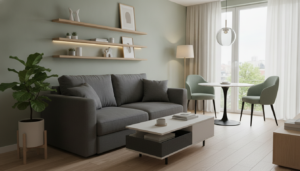 a cozy, modern living room designed for small spaces, featuring a stylish, multifunctional sofa that converts into a bed, a sleek coffee table with storage, and wall-mounted shelves filled with decor. In the foreground, a small indoor plant adds a touch of greenery. The middle showcases a space-efficient dining set with two chairs tucked neatly under a compact table. In the background, a large window allows natural light to flood the room, creating a warm and inviting atmosphere. Soft, ambient lighting complements the modern color palette of muted greens and grays. The overall mood is fresh, organized, and inspiring, ideal for maximizing small room layouts. A wide-angle perspective captures the entire scene, emphasizing the harmony of furniture and space.