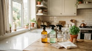 A bright and inviting kitchen setting showcasing an array of effective natural cleaning products. In the foreground, a wooden table holds glass spray bottles filled with colorful, eco-friendly solutions labeled with ingredients like vinegar, lemon, and essential oils. Include cleaning cloths and a potted herb plant for added freshness. In the middle, a sparkling countertop reflects soft natural light streaming in from a window, casting subtle shadows. In the background, light-colored cabinets and a backsplash add warmth to the scene. The atmosphere is serene and clean, evoking a sense of calm and cleanliness. Use a soft focus for the background to emphasize the products in the foreground, capturing a cozy, homely feel.
