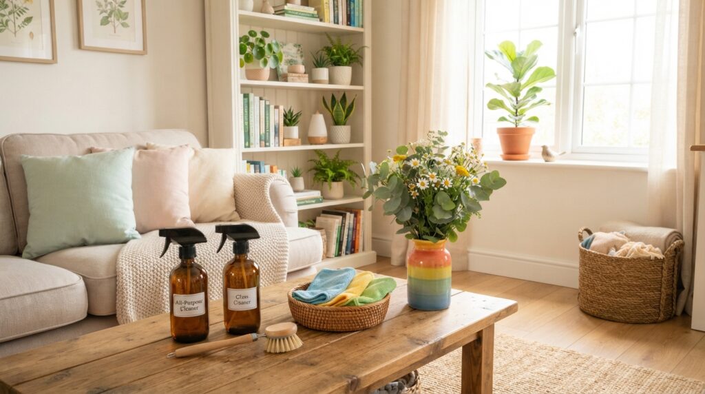 A bright and inviting living room scene that showcases home care and cleaning tips to keep a home fresh. In the foreground, display a neatly arranged coffee table with eco-friendly cleaning products, colorful microfiber cloths, and a vase of fresh flowers. The middle ground includes a cozy sofa adorned with pastel cushions and a plush throw blanket, alongside a well-organized bookshelf filled with houseplant care books. In the background, show a sunlit window with sheer curtains, letting in warm natural light, and a potted plant thriving on the windowsill. The atmosphere should feel clean, refreshing, and welcoming, embodying the essence of a well-kept home. Use soft lighting to create a serene ambiance, evoking a sense of calm and cleanliness.
