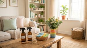 A bright and inviting living room scene that showcases home care and cleaning tips to keep a home fresh. In the foreground, display a neatly arranged coffee table with eco-friendly cleaning products, colorful microfiber cloths, and a vase of fresh flowers. The middle ground includes a cozy sofa adorned with pastel cushions and a plush throw blanket, alongside a well-organized bookshelf filled with houseplant care books. In the background, show a sunlit window with sheer curtains, letting in warm natural light, and a potted plant thriving on the windowsill. The atmosphere should feel clean, refreshing, and welcoming, embodying the essence of a well-kept home. Use soft lighting to create a serene ambiance, evoking a sense of calm and cleanliness.
