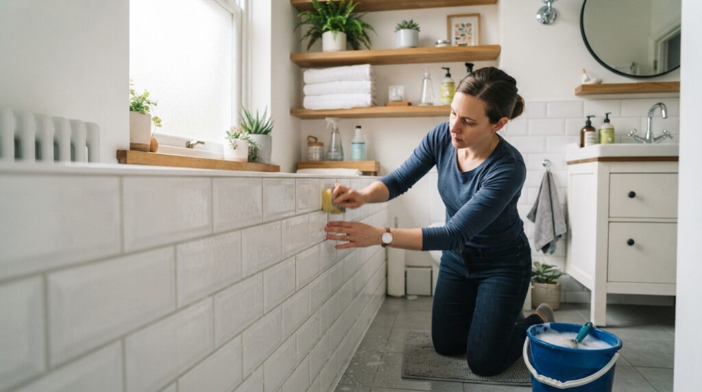 A clean and bright bathroom scene featuring a person in modest casual clothing, diligently scrubbing clean white ceramic tiles with a sponge and a bucket of cleaning solution. In the foreground, focus on the tiles, showcasing their texture and sparkle as they catch the light. The middle ground includes the person, emphasizing their careful technique and attention to detail while using a gentle scrubbing motion. In the background, a neatly organized bathroom with wooden shelves displaying cleaning supplies, fresh towels, and plants adds warmth to the atmosphere. Soft, natural lighting filters through a frosted window, creating an inviting and refreshing mood, suggesting cleanliness and order in this essential home space.