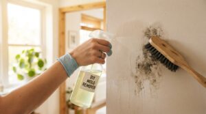 A close-up view of a modern, well-lit interior wall showcasing effective mold removal techniques. In the foreground, a clean, hand holding a spray bottle filled with a DIY cleaning solution, next to a scrub brush, demonstrating the action of mold removal. The middle ground features a section of the wall showing dark mold patches gradually disappearing as the cleaner is applied. Bright, natural light illuminates the scene from a window in the background, creating an inviting atmosphere. The walls are painted in a soft, neutral color, enhancing the focus on the mold removal process. The angle is slightly tilted for a dynamic perspective, emphasizing the action and cleanliness of the area. The overall mood is hopeful and constructive, reflecting the ease of DIY tips for home maintenance.