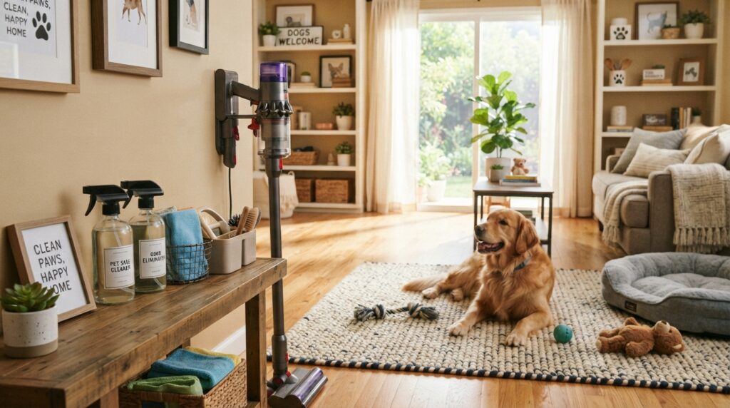 A cozy and inviting living room scene showcasing effective cleaning tips for pet owners. In the foreground, a well-organized cleaning station features eco-friendly cleaning supplies, such as spray bottles, microfiber cloths, and a vacuum, all placed neatly on a chic wooden shelf. In the middle ground, a friendly golden retriever rests on a stylish rug, surrounded by scattered pet toys and a cozy dog bed, illustrating the everyday life of a pet owner. In the background, sunlight streams through large windows, creating a warm and welcoming atmosphere. The room is adorned with vibrant plants and pet-themed decor, evoking a sense of harmony between cleanliness and pet ownership. The overall mood is cheerful and reassuring, highlighting the importance of maintaining a clean home for both pets and their owners.