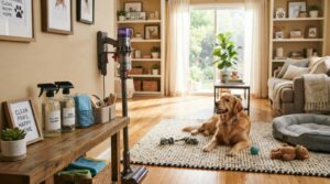 A cozy and inviting living room scene showcasing effective cleaning tips for pet owners. In the foreground, a well-organized cleaning station features eco-friendly cleaning supplies, such as spray bottles, microfiber cloths, and a vacuum, all placed neatly on a chic wooden shelf. In the middle ground, a friendly golden retriever rests on a stylish rug, surrounded by scattered pet toys and a cozy dog bed, illustrating the everyday life of a pet owner. In the background, sunlight streams through large windows, creating a warm and welcoming atmosphere. The room is adorned with vibrant plants and pet-themed decor, evoking a sense of harmony between cleanliness and pet ownership. The overall mood is cheerful and reassuring, highlighting the importance of maintaining a clean home for both pets and their owners.