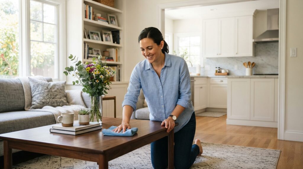 A cozy, modern living room featuring a clean house routine in action. In the foreground, a smiling person dressed in modest casual clothing is dusting off a coffee table with a microfiber cloth, showcasing a sense of satisfaction. In the middle, a well-organized bookshelf and a fresh vase of flowers add to the tidy ambiance. Bright natural light streams through large windows, highlighting the cleanliness of the space. In the background, a glimpse of a kitchen with gleaming countertops and neatly arranged utensils suggests an ongoing cleaning effort. The mood is upbeat and harmonious, capturing the essence of a manageable cleaning routine, with soft colors and inviting decor.