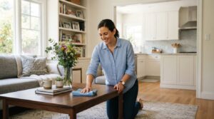 A cozy, modern living room featuring a clean house routine in action. In the foreground, a smiling person dressed in modest casual clothing is dusting off a coffee table with a microfiber cloth, showcasing a sense of satisfaction. In the middle, a well-organized bookshelf and a fresh vase of flowers add to the tidy ambiance. Bright natural light streams through large windows, highlighting the cleanliness of the space. In the background, a glimpse of a kitchen with gleaming countertops and neatly arranged utensils suggests an ongoing cleaning effort. The mood is upbeat and harmonious, capturing the essence of a manageable cleaning routine, with soft colors and inviting decor.