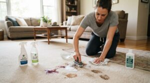 A detailed carpet cleaning guide scene, showcasing a variety of stains on a plush, light-colored carpet. In the foreground, a person wearing modest casual clothing kneels beside a stained area, focused on scrubbing the carpet with a brush, surrounded by cleaning supplies like spray bottles and cloths. The middle layer features vivid stains such as red wine, coffee, and ink contrasting against the carpet fibers. The background displays a cozy living room with warm, natural lighting streaming through a window, highlighting a clean, inviting atmosphere. Include a soft focus depth of field to emphasize the cleaning action, creating an engaging and educational mood. The overall composition should be neat and professional, suitable for an informative article.