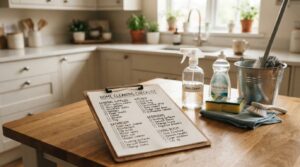A detailed home cleaning supplies checklist elegantly laid out on a kitchen table. In the foreground, an organized checklist with items like “multi-surface cleaner,” “glass cleaner,” “sponges,” and “mop” written in clear, legible fonts. Surrounding the checklist are various cleaning supplies: a spray bottle, brushes, microfiber cloths, and a bucket. In the middle ground, a cozy kitchen environment with warm, inviting lighting creating a clean and fresh atmosphere. The background features light-colored cabinets and a countertop, contributing to a tidy appearance. The scene conveys a sense of order and readiness for effective cleaning, aiming for a bright and motivating mood. Soft, natural light filters through a nearby window, enhancing the inviting feel of the space.