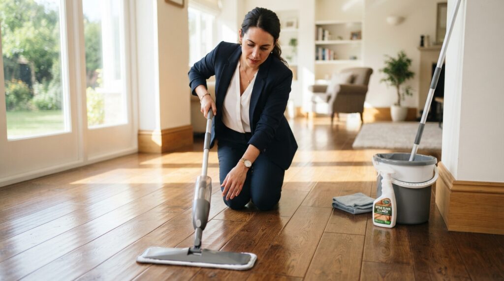 A person in professional business attire carefully cleaning a gleaming hardwood floor with a mop. The foreground features the person actively engaged in the cleaning process, showcasing their focused expression. In the middle ground, a variety of cleaning supplies are neatly organized, including a bucket, a bottle of floor cleaner, and a microfiber cloth. The background reveals a bright and airy room with sunlight streaming through large windows, highlighting the rich texture and natural grain of the hardwood floor. The overall atmosphere is warm and inviting, emphasizing cleanliness and care for the wood finish. The lighting is soft and natural, creating a serene environment.