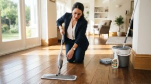 A person in professional business attire carefully cleaning a gleaming hardwood floor with a mop. The foreground features the person actively engaged in the cleaning process, showcasing their focused expression. In the middle ground, a variety of cleaning supplies are neatly organized, including a bucket, a bottle of floor cleaner, and a microfiber cloth. The background reveals a bright and airy room with sunlight streaming through large windows, highlighting the rich texture and natural grain of the hardwood floor. The overall atmosphere is warm and inviting, emphasizing cleanliness and care for the wood finish. The lighting is soft and natural, creating a serene environment.