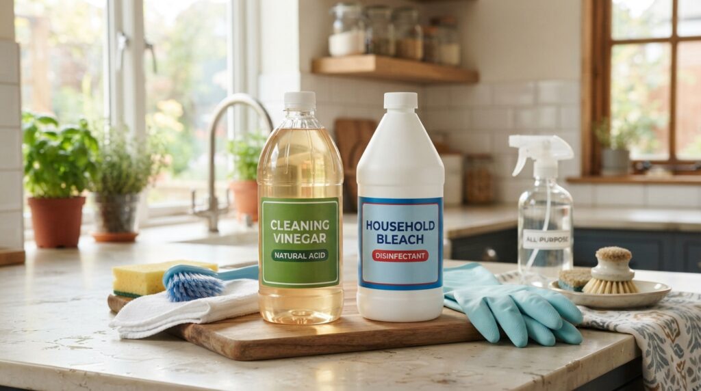 A visually striking side-by-side comparison of cleaning vinegar and bleach. In the foreground, two clear bottles; one filled with a pale, translucent liquid representing cleaning vinegar, and the other with a bright white liquid symbolizing bleach. Each bottle is labeled clearly but without any text, so their colors convey their identities. In the middle ground, a clean kitchen countertop, partially filled with various cleaning tools like sponges, brushes, and gloves, to suggest an active cleaning environment. The background features a softly lit kitchen with sunlight streaming through a window, creating an inviting atmosphere. The angle is slightly above eye level, providing a clear overview of both products, enhancing the educational aspect of the visual comparison. The mood is fresh and clean, promoting efficiency in household cleaning.